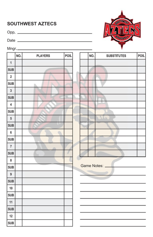 Baseball Lineup Card Softball Lineup Card Template 4 with Game Notes PLC-Sports