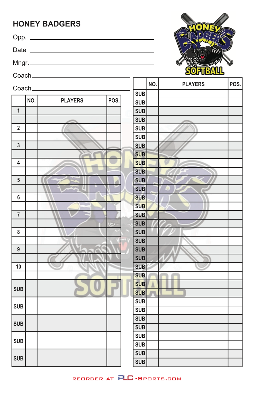 Custom Recreational Baseball League Lineup Cards