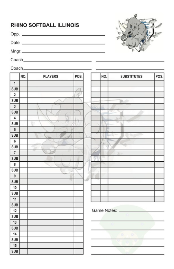 Baseball Lineup Card Softball Lineup Card v6 with Game Notes, Additonal Subs Coaching Spots PLC-Sports