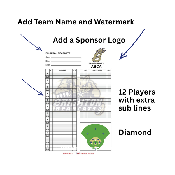 PLC Sports Custom Lineup Card V3 12 Players with Substitutes and Sponsor Logo