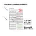 PLC Sports Custom Lineup Card V5 With 12 Players Substitutes and Diamond with Game Notes
