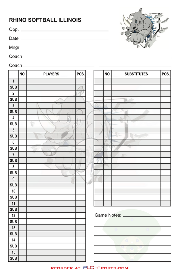Baseball Lineup Card Softball Lineup Card v6 with Game Notes, Additonal Subs Coaching Spots PLC-Sports